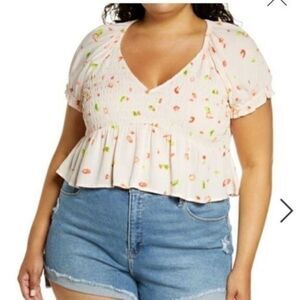 BP Nordstrom Babydoll Shirred Top Pink Floral Large NWT
